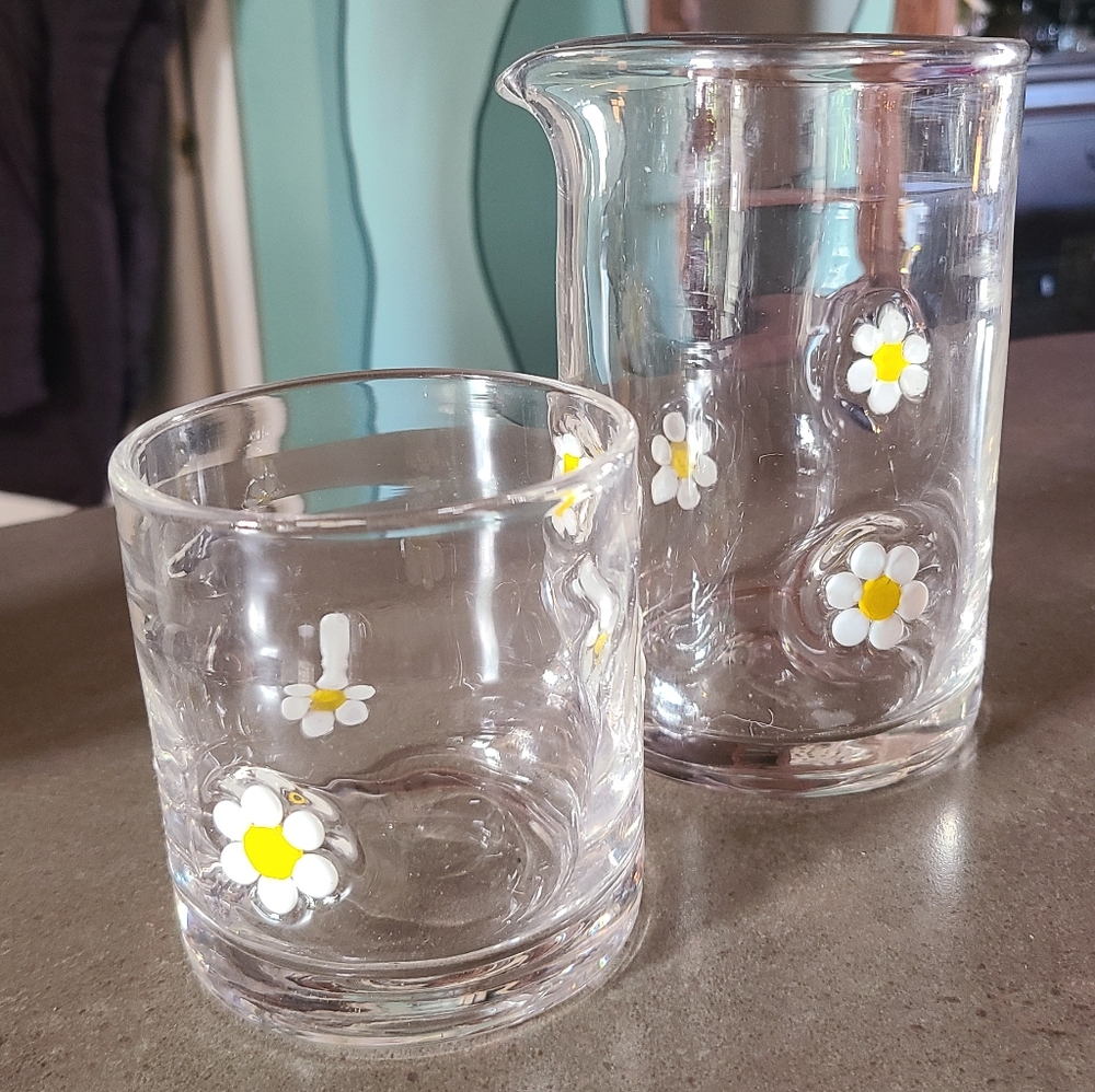 World Market Daisy Charm Inlay Double Old Fashioned Glass And Pitcher